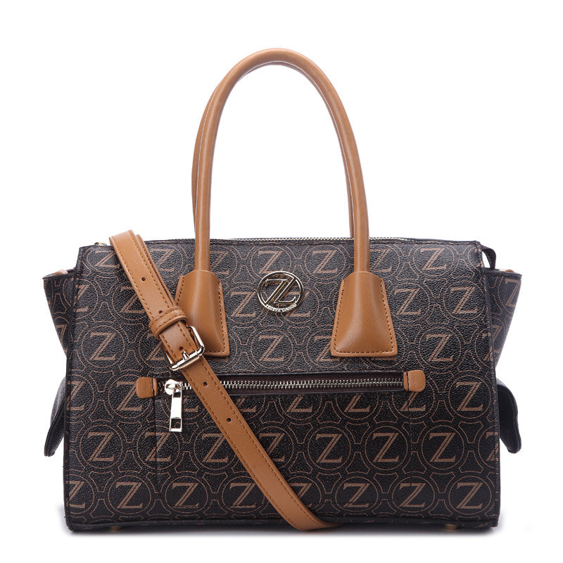 Zeneve London S245 Natural Grain monogram Satchel-Dark Brown