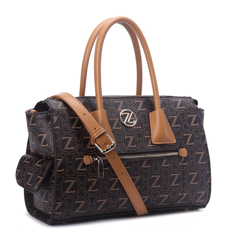 Zeneve London S245 Natural Grain monogram Satchel-Dark Brown