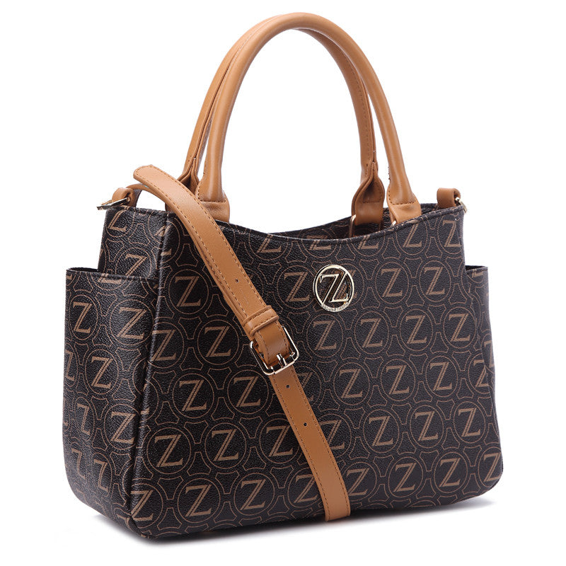 Zeneve London S235 strippled monogram Satchel-Dark Brown