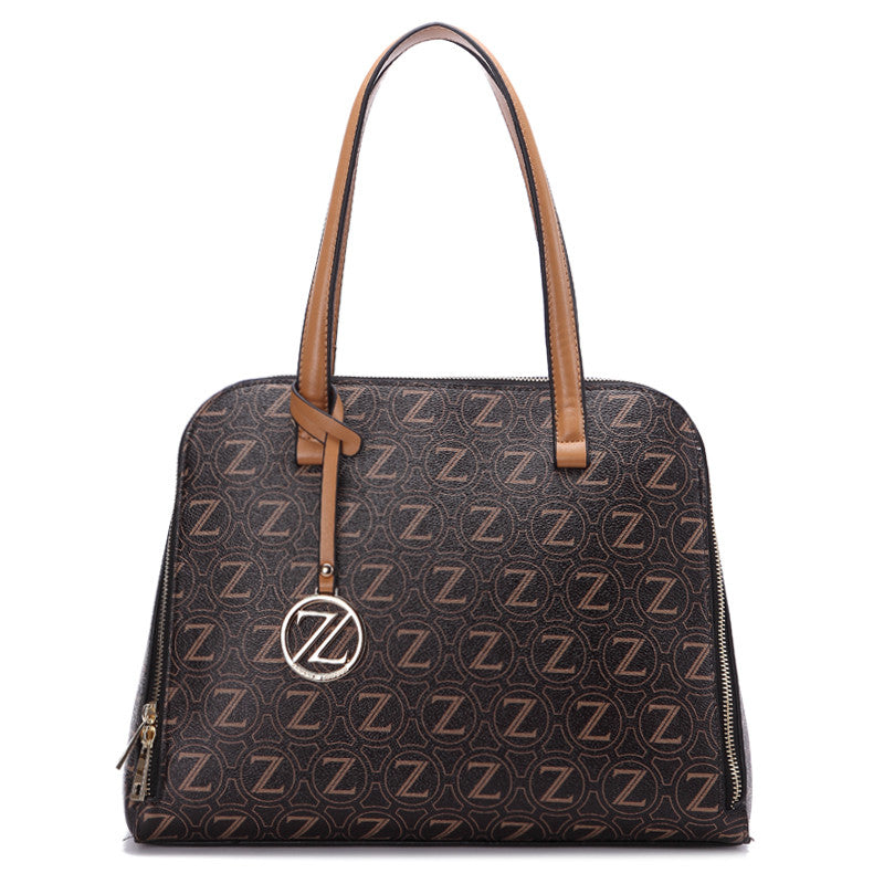 Zeneve London T215 Solid Color Zip Around monogram Tote-Dark Brown