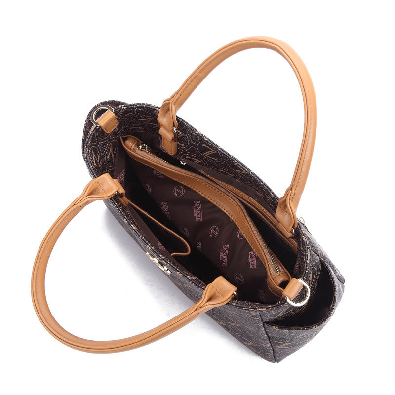 Zeneve London S235 strippled monogram Satchel-Dark Brown
