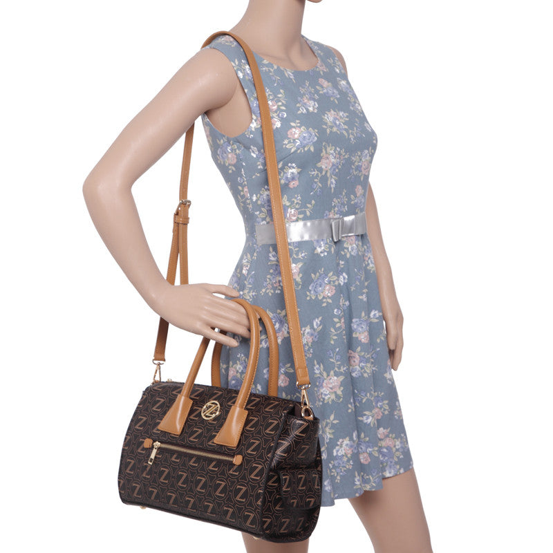Zeneve London S245 Natural Grain monogram Satchel-Dark Brown